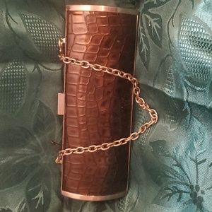 Brown faux croc evening bag